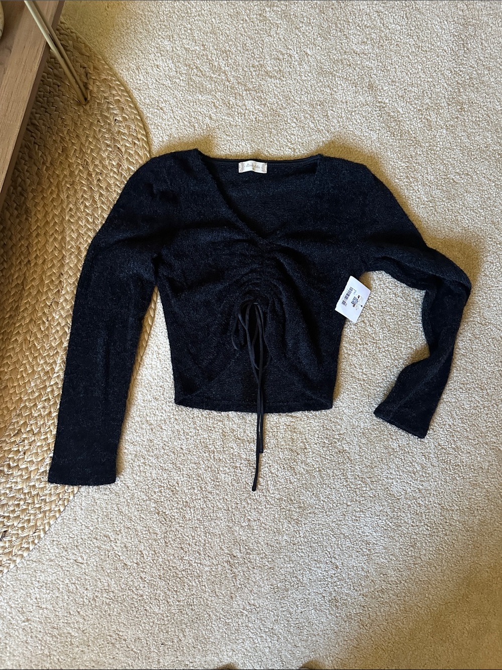 Altar'd State Black Ruched V-Neck Long Sleeve Top